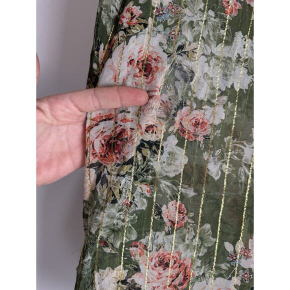 Hemant & Nandita Button Down Short Sleeve Blouse Floral Green L FLAW - Picture 9 of 12